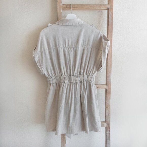 Zara Dress Sz M Khaki Linen Blend Collared Short Sleeve Cargo Pockets Tie Safari - Picture 6 of 7